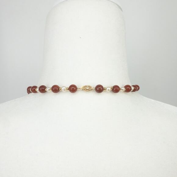 14K Gold Red Jade & Freshwater Pearl 24" Necklace ❤️ - Picture 4 of 12